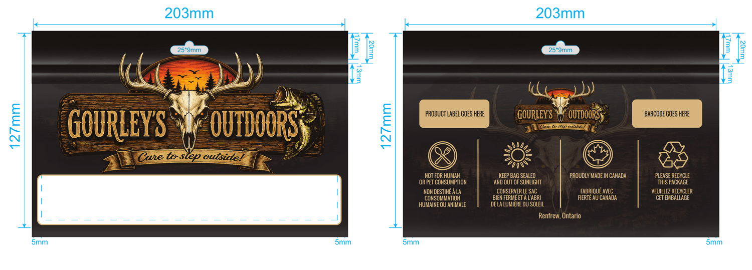 Gourley’s Outdoors bilingual retail packaging layout with dimensions, warnings and barcode placement